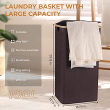 Load image into Gallery viewer, Laundry Basket with Lid, 100L Laundry Collector Storage Basket with 2 Removable Washable Laundry Bags, Foldable Laundry Sorter Made of Bamboo and Oxford Fabric for Bedrooms, Bathroom, Brown