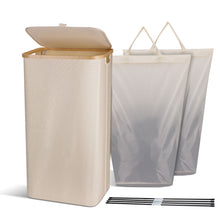 Load image into Gallery viewer, Laundry Basket with Lid, 100L Large Laundry Collector Storage Basket with 2 Removable Washable Laundry Bags, Foldable Big Laundry Sorter Made of Bamboo and Oxford Fabric for Bedrooms, Bathroom