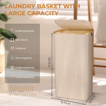 Load image into Gallery viewer, Laundry Basket with Lid, 100L Large Laundry Collector Storage Basket with 2 Removable Washable Laundry Bags, Foldable Big Laundry Sorter Made of Bamboo and Oxford Fabric for Bedrooms, Bathroom