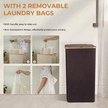 Load image into Gallery viewer, Laundry Basket with Lid, 100L Laundry Collector Storage Basket with 2 Removable Washable Laundry Bags, Foldable Laundry Sorter Made of Bamboo and Oxford Fabric for Bedrooms, Bathroom, Brown