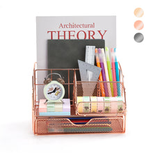 Load image into Gallery viewer, UPGRADE Desk Organizer, Mesh Office Supplies Desk Accessories, Office Desktop Pen Holder Caddy with 5 Compartments and 1 Large Drawer for School Office Bedroom Home (Rose gold)