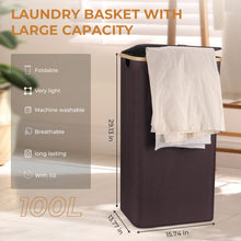 Load image into Gallery viewer, Laundry Basket with Lid, 100L Laundry Collector Storage Basket with 2 Removable Washable Laundry Bags, Foldable Laundry Sorter Made of Bamboo and Oxford Fabric for Bedrooms, Bathroom, Brown
