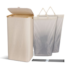 Load image into Gallery viewer, Laundry Basket with Lid, 100L Large Laundry Collector Storage Basket with 2 Removable Washable Laundry Bags, Foldable Big Laundry Sorter Made of Bamboo and Oxford Fabric for Bedrooms, Bathroom
