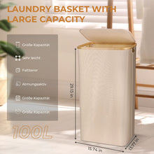 Load image into Gallery viewer, Laundry Basket with Lid, 100L Large Laundry Collector Storage Basket with 2 Removable Washable Laundry Bags, Foldable Big Laundry Sorter Made of Bamboo and Oxford Fabric for Bedrooms, Bathroom
